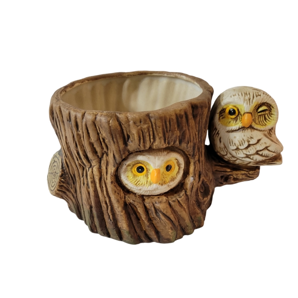 Enesco Winking Owl In Log Planter 1979